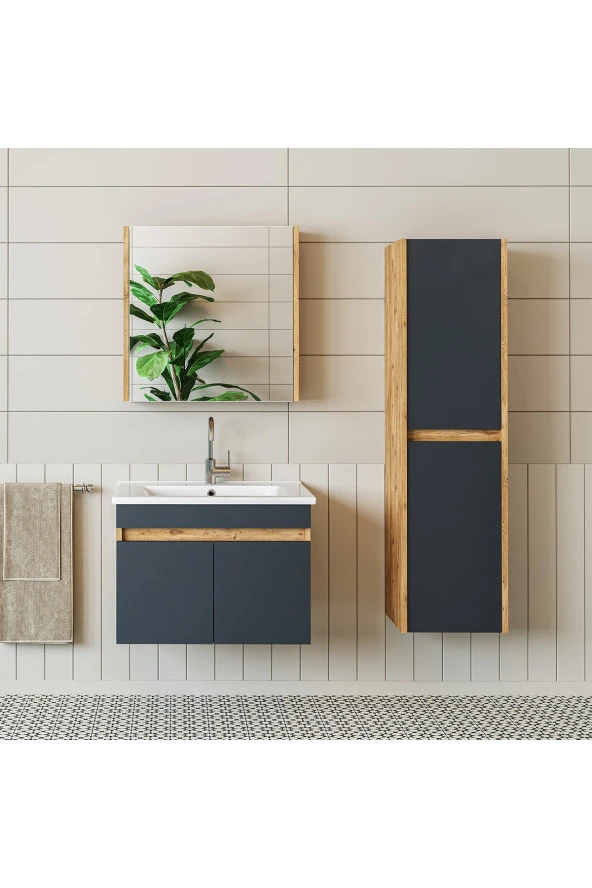 ROOMART  Lavabolu  Atlantik - Antrasit Mat Mdf 65 Cm Alt Dolap Aynalı Üst Dolap Boy Dolap ürün görseli 1