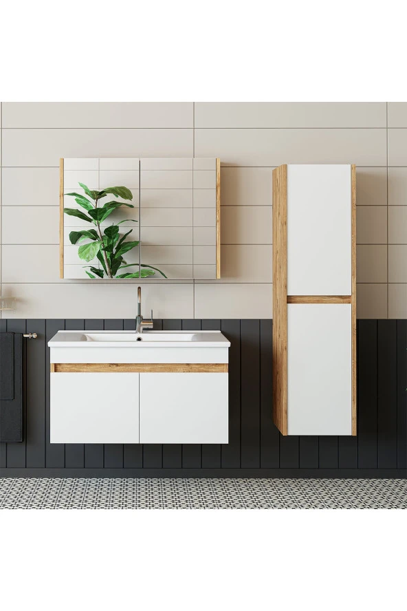ROOMART  Lavabolu  Atlantik-beyaz Mat Mdf 85 Cm Banyo Alt Dolap + Aynalı Üst Dolap + Boy Dolap ürün görseli 1