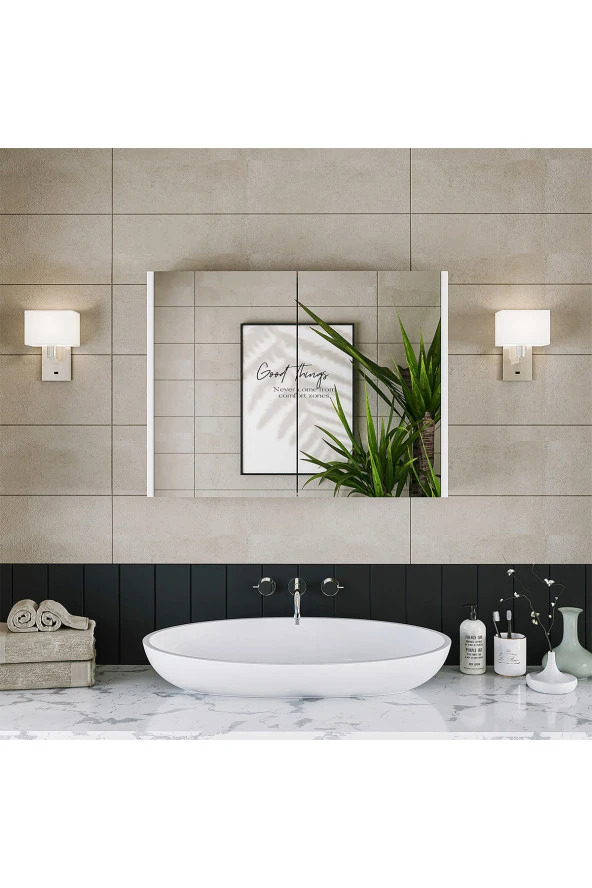 ROOMART Banos Banyo Ad7 Kulpsuz 2 Kapaklı Mat Beyaz Mdf 80 Cm Aynalı Banyo Üst Dolabı ürün görseli 1