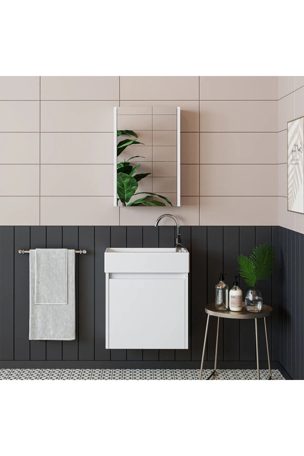 ROOMART Ayaksız Tek Kapaklı Lavabolu Mat Beyaz 50 Cm Banyo Dolabı Aynalı Üst Dolabı ürün görseli 1