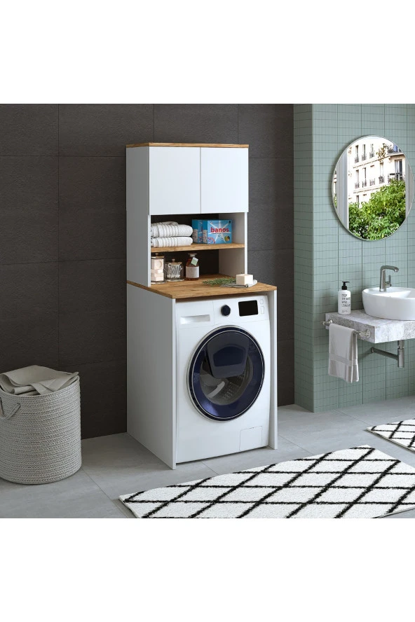 ROOMART Cd9 Çamaşır-kurutma Makinesi Dolabı 3 Raflı 2 Kapaklı Banyo Dolabı Mat Beyaz-ahşap 1712 ürün görseli 1