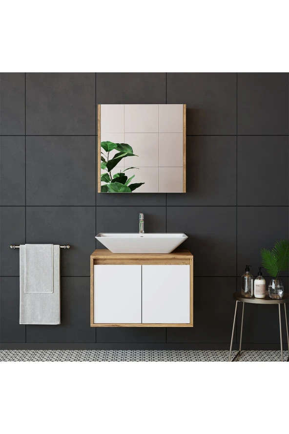 ROOMART Roomart Tm7.2 Ayaksız 2 Kapaklı Lavabolu Ahşap-mat Beyaz Mdf 65 Cm Banyo Dolabı+aynalı Üst Dolabı ürün görseli 1