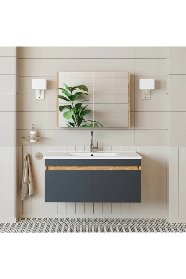 ROOMART  Lavabolu  Atlantik - Antrasit Mat Mdf 100 Cm Dolap Aynalı Üst Dolabı ürün görseli 1