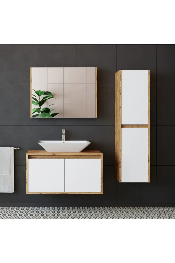 ROOMART Roomarttm7.3 Lavabolu Ahşap-mat Beyaz Mdf 85 Cm Banyo Dolabı+aynalı Banyo Üst Dolabı+boy Dolabı ürün görseli 1