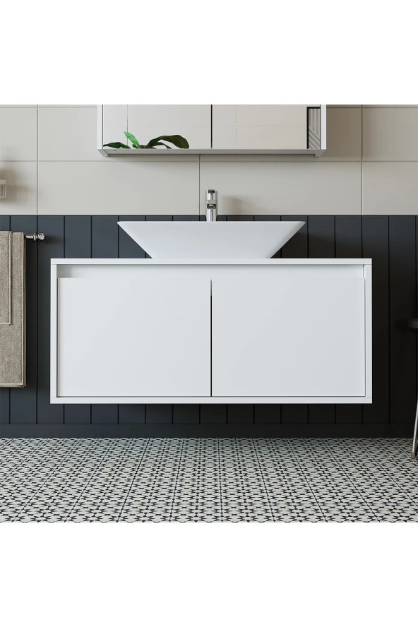 ROOMART Banos Banyo Ld7 Ayaksız 2 Kapaklı Lavabolu Mat Beyaz Mdf 100 Cm Banyo Dolabı ürün görseli 1