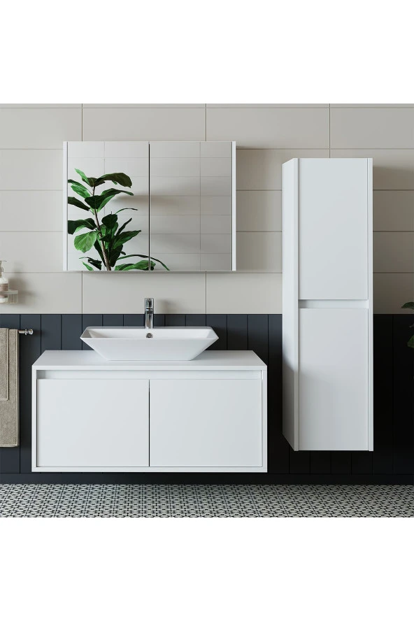 ROOMART Banos Banyo Lavabolu Mat Beyaz Mdf 100cm Banyo Dolabı+aynalı Banyo Üst Dolap+Banyo Boy Dolap ürün görseli 1