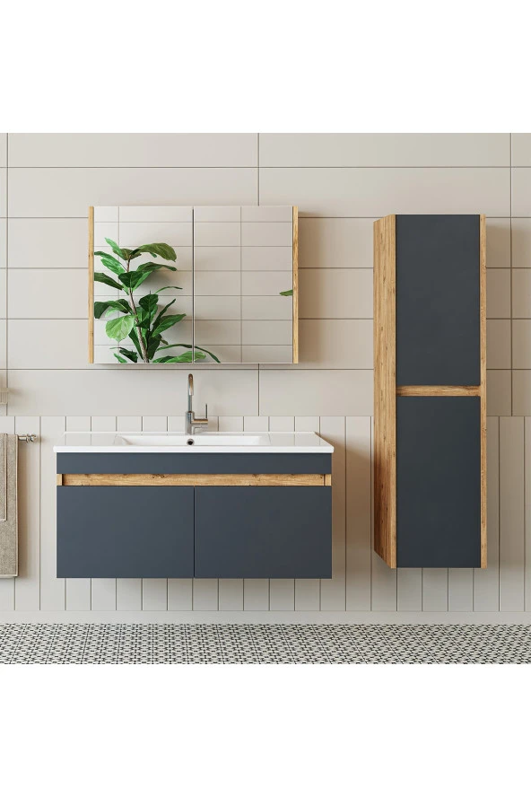 ROOMART  Lavabolu  Atlantik - Antrasit Mat Mdf 100 Cm Alt Dolap Aynalı Üst Dolap Boy Dolap ürün görseli 1