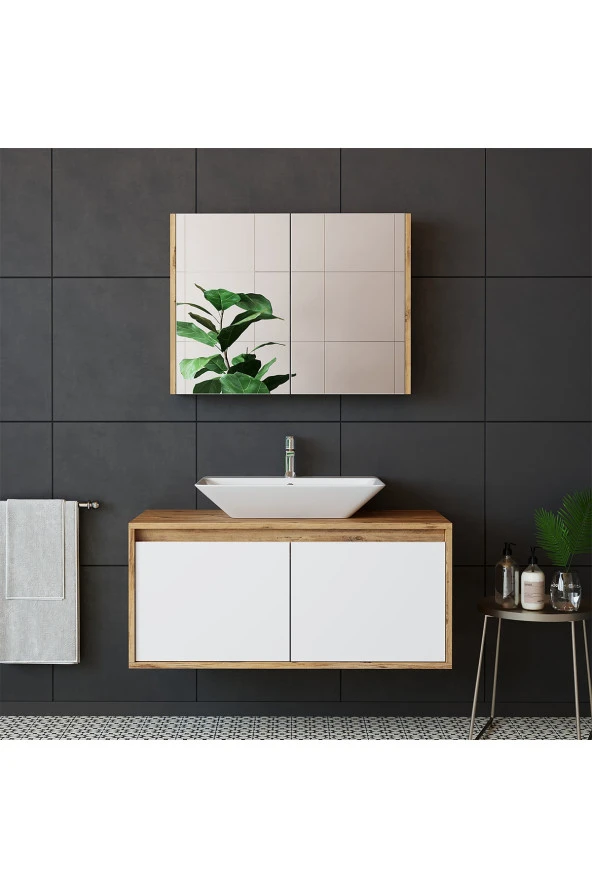 ROOMART Roomart Tm7.2 Ayaksız 2 Kapaklı Lavabolu Ahşap-mat Beyaz Mdf 100 Cm Banyo Dolabı+aynalı Üst Dolabı ürün görseli 1