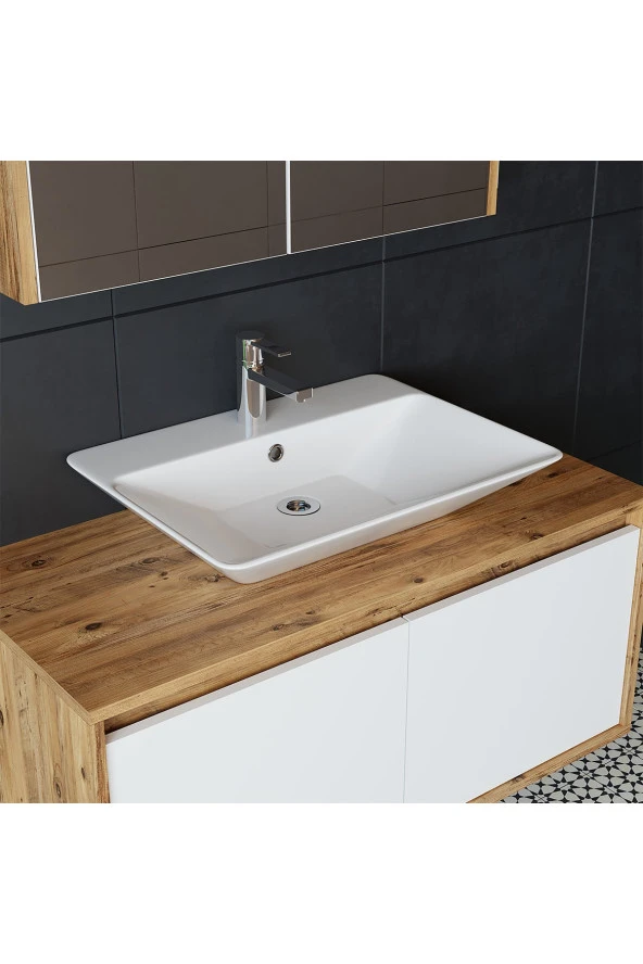 ROOMART Lavabolu Ahşap Mat Beyaz Mdf 100 cm Banyo Dolabı + Aynalı Banyo Üst Dolabı + Boy Dolabı ürün görseli 1