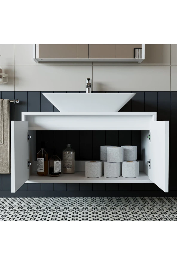 ROOMART Banos Banyo Ld7 Ayaksız 2 Kapaklı Lavabolu Mat Beyaz Mdf 85 Cm Banyo Dolabı ürün görseli 1