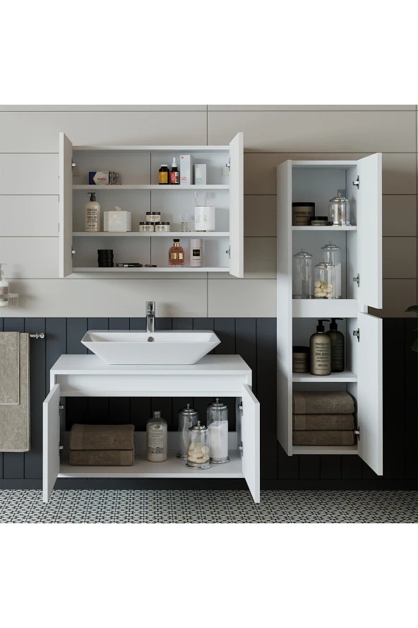 ROOMART Banos Banyo Lavabolu Mat Beyaz Mdf 85 Cm Banyo Dolabı+aynalı Banyo Üst Dolap+banyo Boy Dolap ürün görseli 1