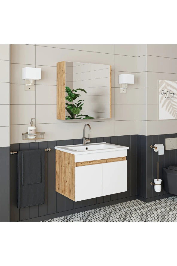 ROOMART  Lavabolu  Atlantik-beyaz Mat Mdf 65 Cm Banyo Alt Dolap + Aynalı Üst Dolap ürün görseli 1