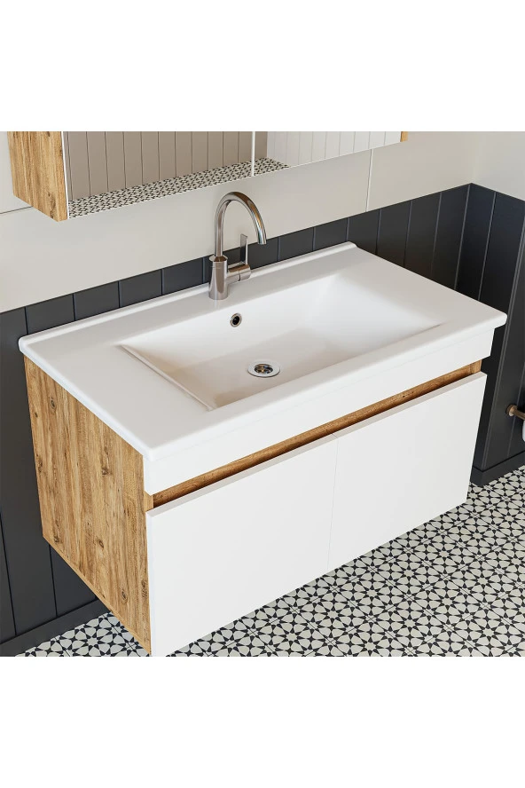 ROOMART  Lavabolu  Atlantik-beyaz Mat Mdf 85 Cm Banyo Alt Dolap + Aynalı Üst Dolap ürün görseli 1