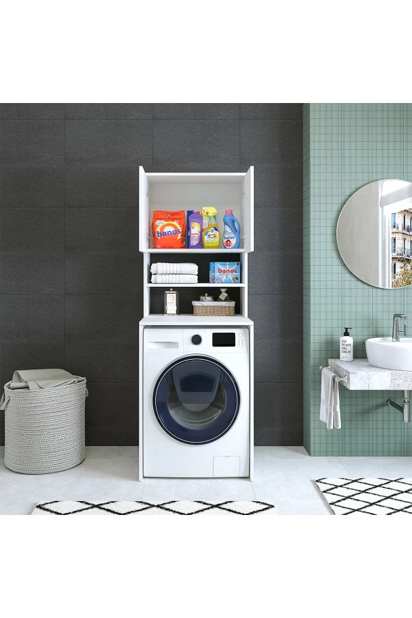 ROOMART Banos Banyo Cd11 Çamaşır-kurutma Makinesi Dolabı 3 Raflı 2 Kapaklı Banyo Dolabı Mat Beyaz ürün görseli 1
