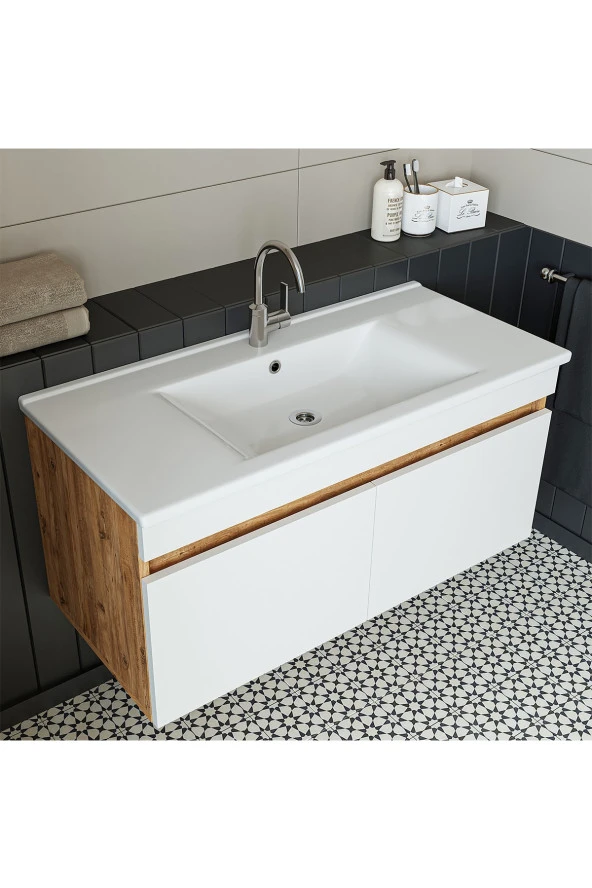 ROOMART  Lavabolu  Atlantik-beyaz Mat Mdf 100 Cm Banyo Alt Dolabı ürün görseli 1