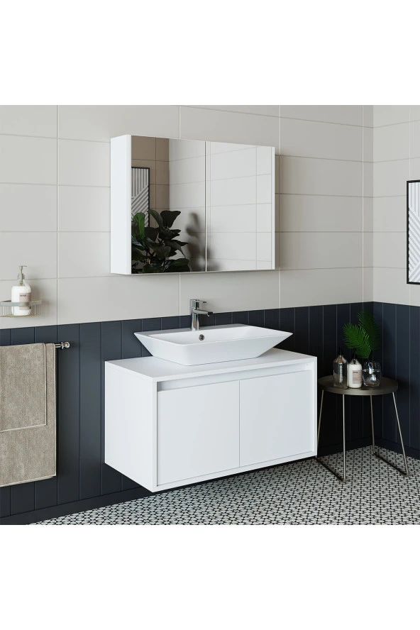 ROOMART Banos Banyo Tm7.2 Mat Beyaz Mdf 85 Cm Banyo Dolabı + Aynalı Banyo Üst Dolabı ürün görseli 1