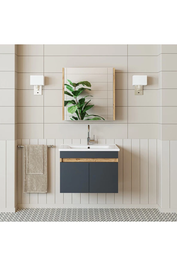 ROOMART  Lavabolu  Atlantik - Antrasit Mat Mdf 65 Cm Alt Dolap Aynalı Üst Dolabı ürün görseli 1