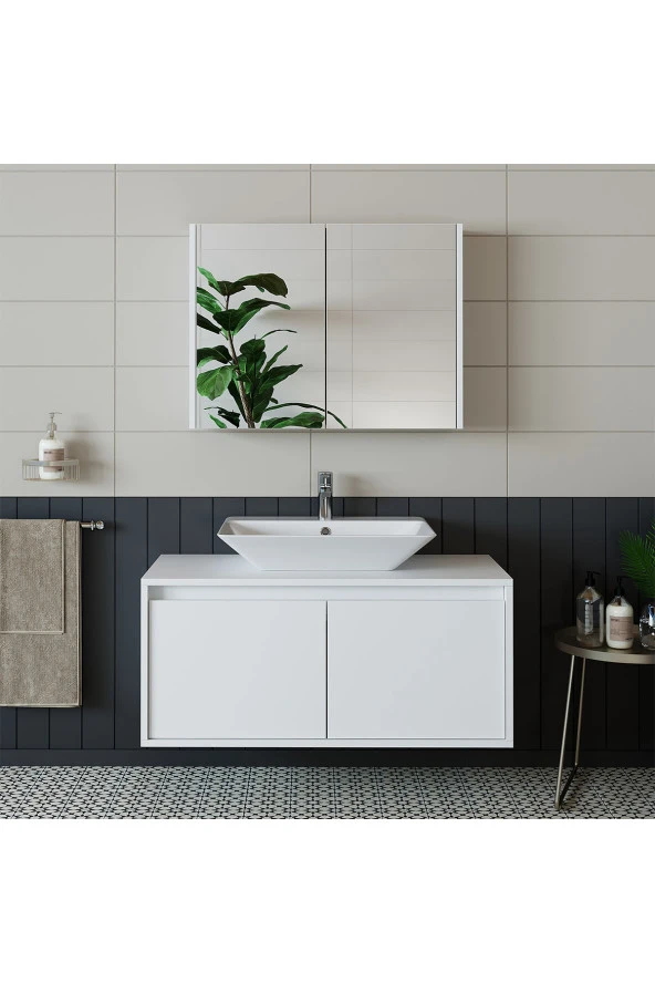 ROOMART Banos Banyo Lavabolu Mat Beyaz Mdf 100cm Banyo Dolap+aynalı Banyo Üst Dolap ürün görseli 1