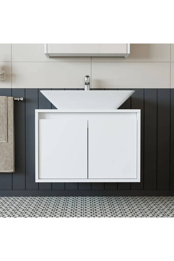 ROOMART Banos Banyo Ld7 65 Cm Ayaksız 2 Kapaklı Lavabolu Mat Beyaz Mdf ürün görseli 1