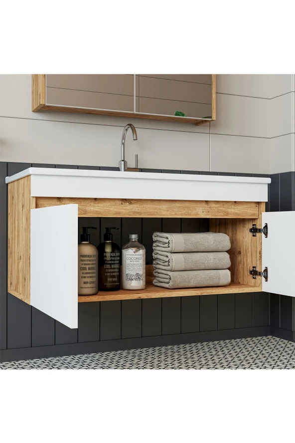 ROOMART  Lavabolu  Atlantik-beyaz Mat Mdf 100 Cm Banyo Alt Dolap + Aynalı Üst Dolap + Boy Dolap ürün görseli 1
