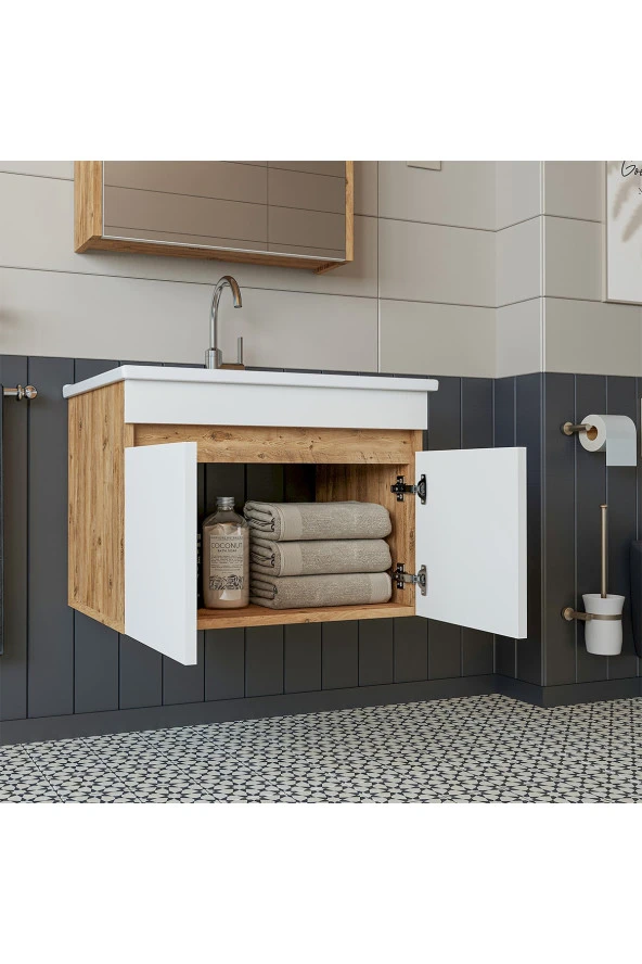 ROOMART  Lavabolu  Atlantik-beyaz Mat Mdf 65 Cm Banyo Alt Dolap + Aynalı Üst Dolap + Boy Dolap ürün görseli 1