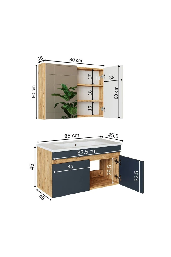 ROOMART  Lavabolu  Atlantik - Antrasit Mat Mdf 85 Cm Alt Dolap Aynalı Üst Dolap ürün görseli 1