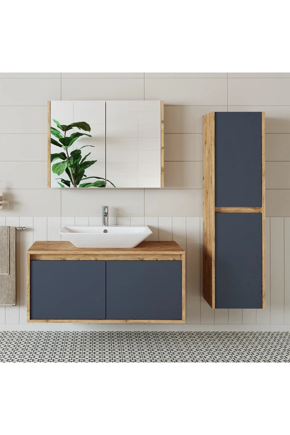 ROOMART Roomarttm7.3 Lavabolu Ahşap-antrasit Mdf 100cm Banyo Dolabı+aynalı Banyo Üst Dolabı+banyo Boy Dolabı ürün görseli 1
