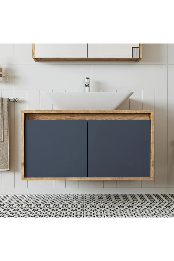 ROOMART Ld7 Ayaksız 2 Kapaklı Lavabolu Ahşap-antrasit Mdf 85 Cm Banyo Dolabı ürün görseli 1