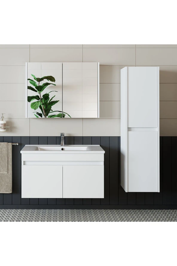 ROOMART Roomart Tm3 Ayaksız 2 Kapaklı Lavabolu Beyaz Mdf 85 Cm Banyo Dolabı Aynalı Üst Dolap Boy Dolabı ürün görseli 1