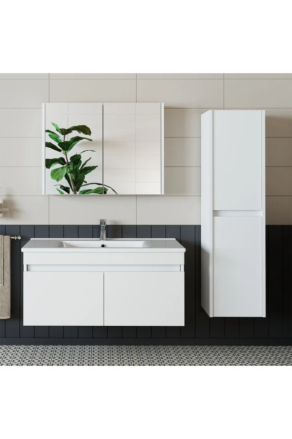 ROOMART Roomart Tm3 Ayaksız 2 Kapaklı Lavabolu Beyaz Mdf 100 Cm Banyo Dolabı Aynalı Üst Dolap Boy Dolabı ürün görseli 1