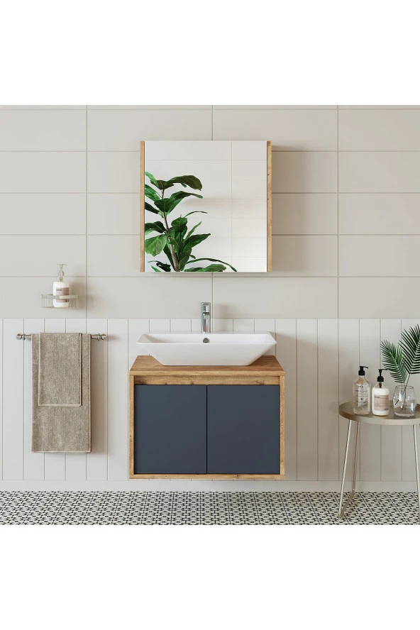 ROOMART Tm7.2 Lavabolu Ahşap-antrasit Mdf 65 Cm Banyo Dolabı + Aynalı Banyo Üst Dolabı ürün görseli 1