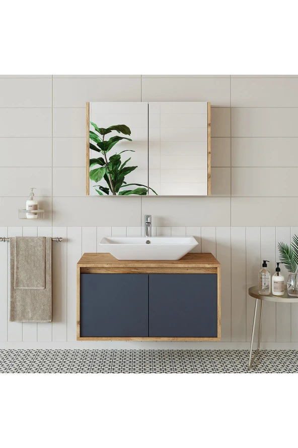 ROOMART Tm7.2 Ahşap-antrasit Mdf 85 Cm Banyo Dolabı + Aynalı Banyo Üst Dolabı ürün görseli 1