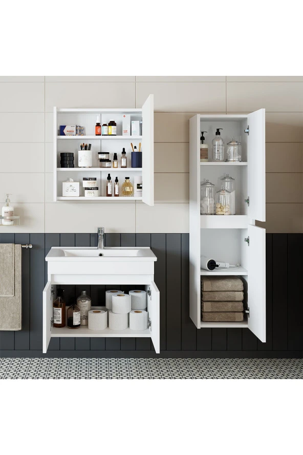 ROOMART Tm3 Ayaksız 2 Kapaklı Lavabolu Beyaz Mdf 65 Cm Banyo Dolabı Aynalı Üst Dolap Boy Dolabı ürün görseli 1