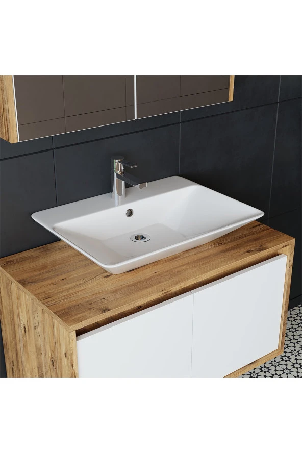 ROOMART Tm7.2 Ayaksız 2 Kapaklı Lavabolu Ahşap-mat Beyaz Mdf 85 Cm Banyo Dolabı+aynalı Üst Dolabı ürün görseli 1