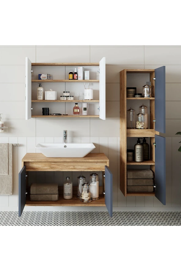 ROOMART Roomarttm7.3 Lavabolu Ahşap-antrasit Mdf 85 Cm Banyo Dolabı+ Aynalı Banyo Üst Dolabı+Boy Dolabı ürün görseli 1