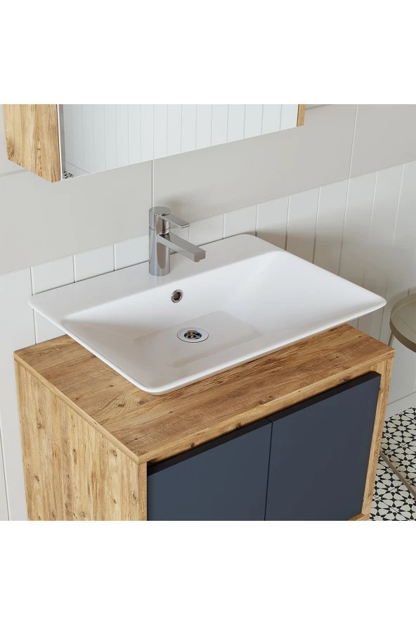 ROOMART Tm7.3 Lavabolu Ahşap-antrasit Mdf 65 Cm Banyo Dolabı+aynalı Banyo Üst Dolabı+banyo Boy Dolabı ürün görseli 1