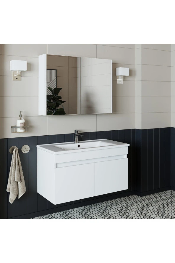 ROOMART Roomart Al3 Ayaksız 2 Kapaklı Lavabolu Beyaz Mdf 85 Cm Banyo Dolabı Aynalı Üst Dolabı ürün görseli 1