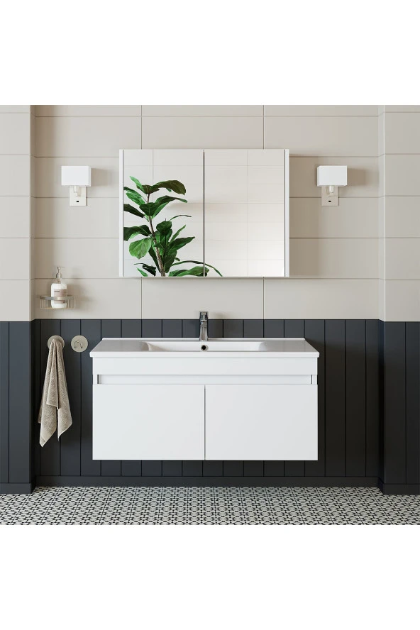 ROOMART Roomart Al3 Ayaksız 2 Kapaklı Lavabolu Beyaz Mdf 100 Cm Banyo Dolabı Aynalı Üst Dolabı ürün görseli 1