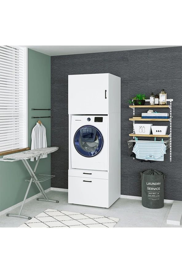 ROOMART Çamaşır-kurutma Makinesi Dolabı + Üst Dolabı Mat Beyaz ürün görseli 1