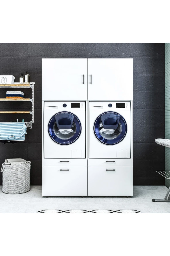 ROOMART Çamaşır-kurutma Makinesi Dolabı + Üst Dolabı 2li Mat Beyaz ürün görseli 1