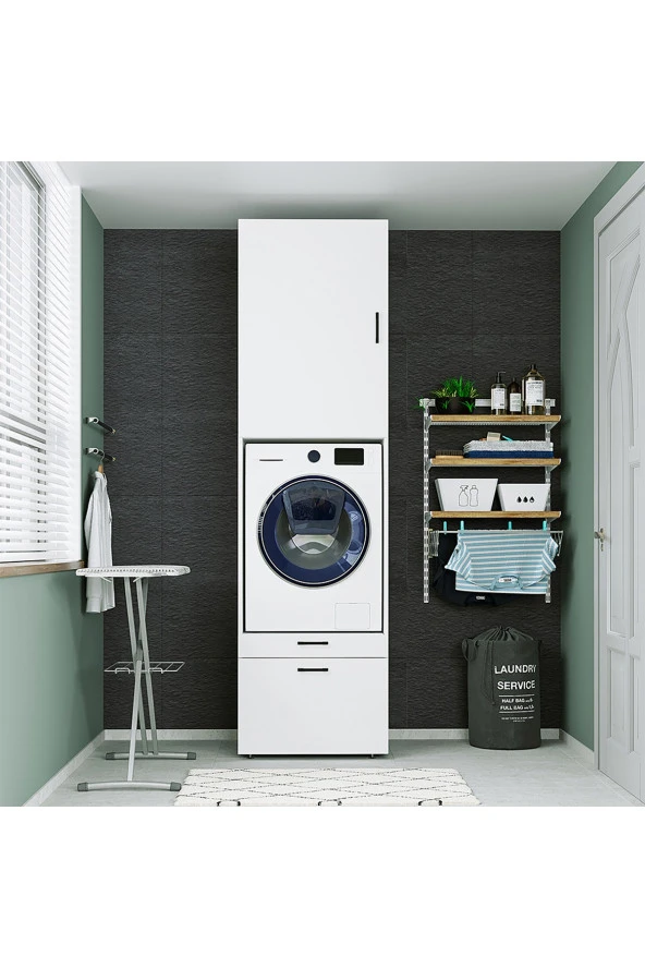 ROOMART Çamaşır-kurutma Makinesi Dolabı + Üst Dolabı Mat Beyaz 240x67 ürün görseli 1