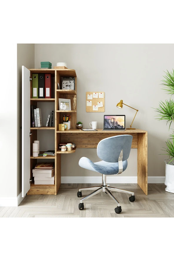 ROOMART ROMA RAFLI ÇALIŞMA MASASI , ÇALIŞMA OFİS MASASI SOL DOLAPLI ATLANTİK ÇAM ürün görseli 1