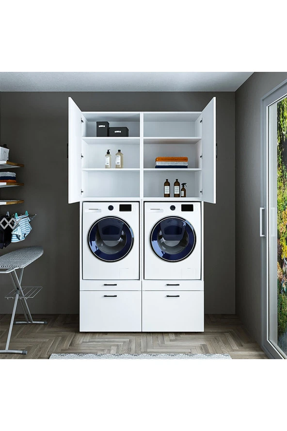 ROOMART Çamaşır-kurutma Makinesi Dolabı + Üst Dolabı Mat Beyaz 240x134 ürün görseli 1