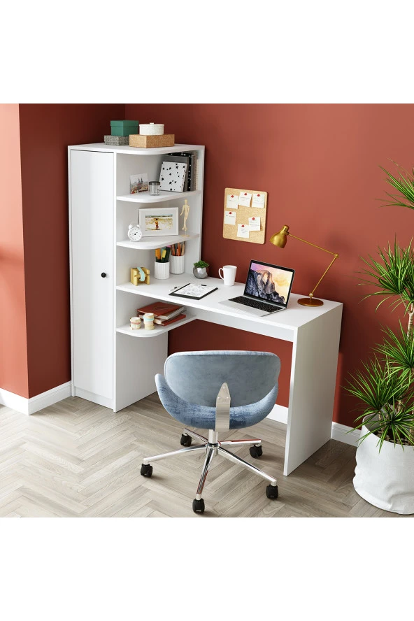 ROOMART ROMA RAFLI ÇALIŞMA MASASI , ÇALIŞMA OFİS MASASI SOL DOLAPLI MAT BEYAZ ROMA MASA SOL ürün görseli 1