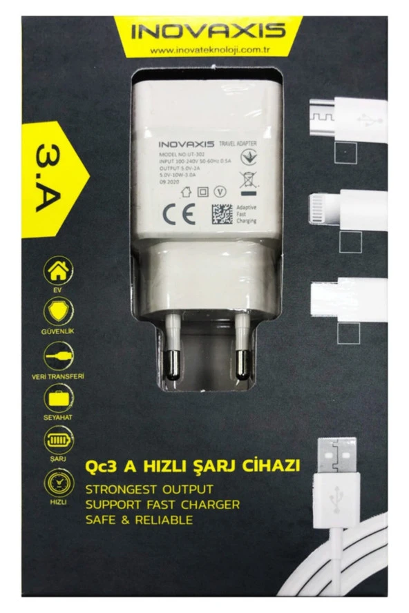 Inovaxis Tüm (iphone-lightning) Usb Cihazlarla Uyumlu 3a.hızlı Şarj Cihazı + Kablo ürün görseli 1