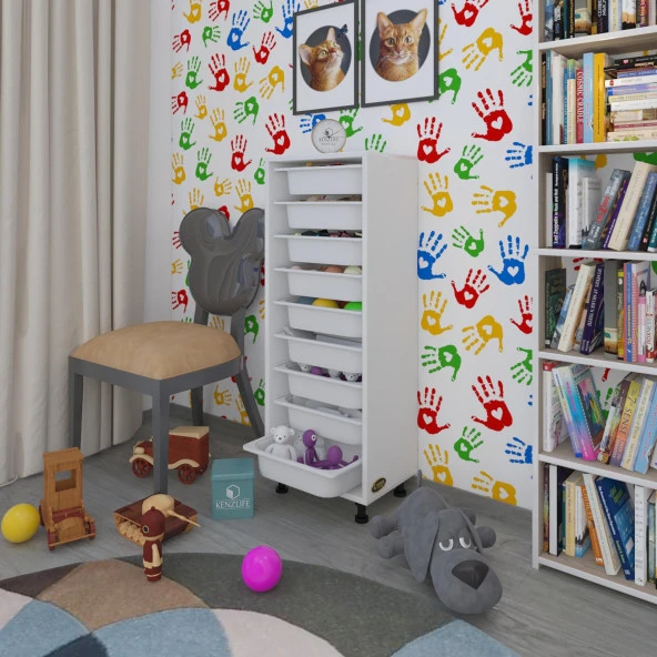 Kenzlife sepetli mutfak dolabı ruberu byz 122x45x30 banyo oyuncak çamaşır beyaz 9 lu sepet ürün görseli 1