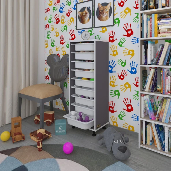 Kenzlife sepetli mutfak dolabı ruberu gri 122x45x30 banyo oyuncak çamaşır beyaz 9 lu sepet ürün görseli 1