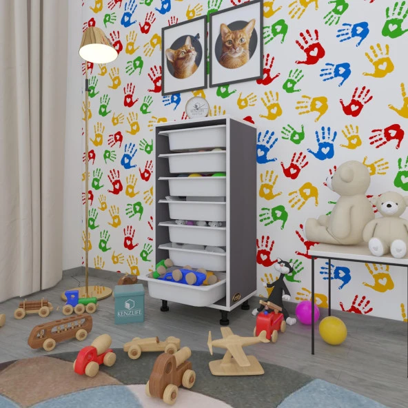 Kenzlife sepetli mutfak dolabı ruberu gri 098x45x30 banyo oyuncak çamaşır beyaz 7 li sepet ürün görseli 1