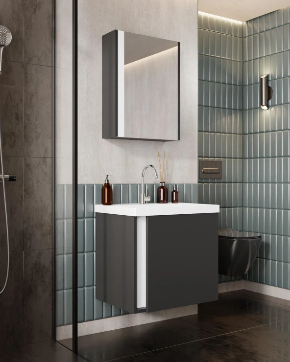 Karen Banyo Kemer 50 Cm,Lavabolu,Aynalı,Banyo Dolabı,Mat Antrasit,Lavabo Dahil ürün görseli 1