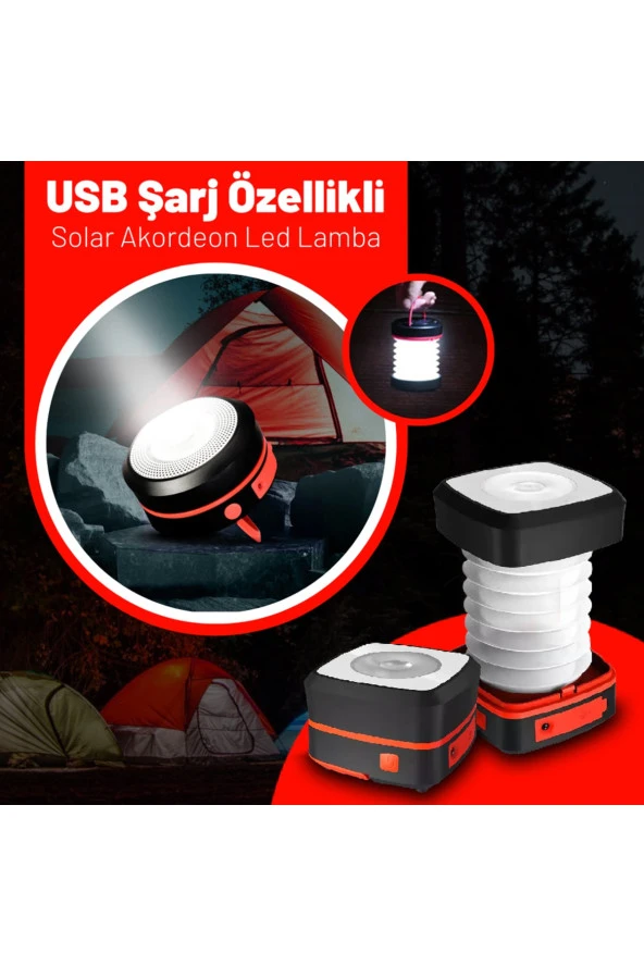 21290  Usb Şarj Özellikli Solar Akordeon Beyaz Led Kamp Lambası ürün görseli 1